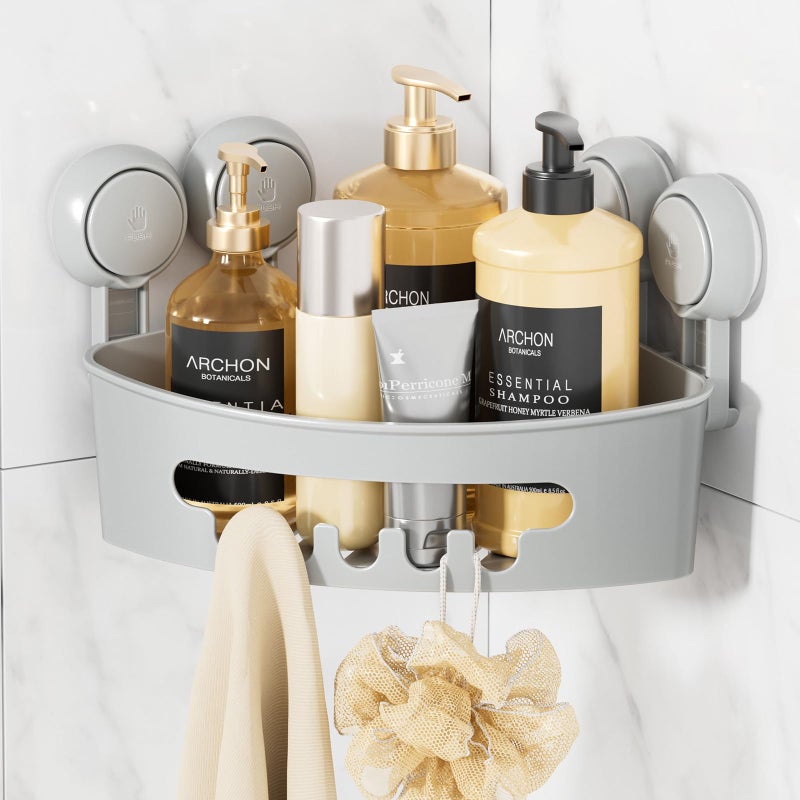 LEVERLOC Corner Shower Caddy Suction Cup, Shower Caddy Basket Powerful Suction Bathroom, Waterproof & Rustproof Organizer for Bathroom Storage, No-Drilling Removable (Grey) - Image 1